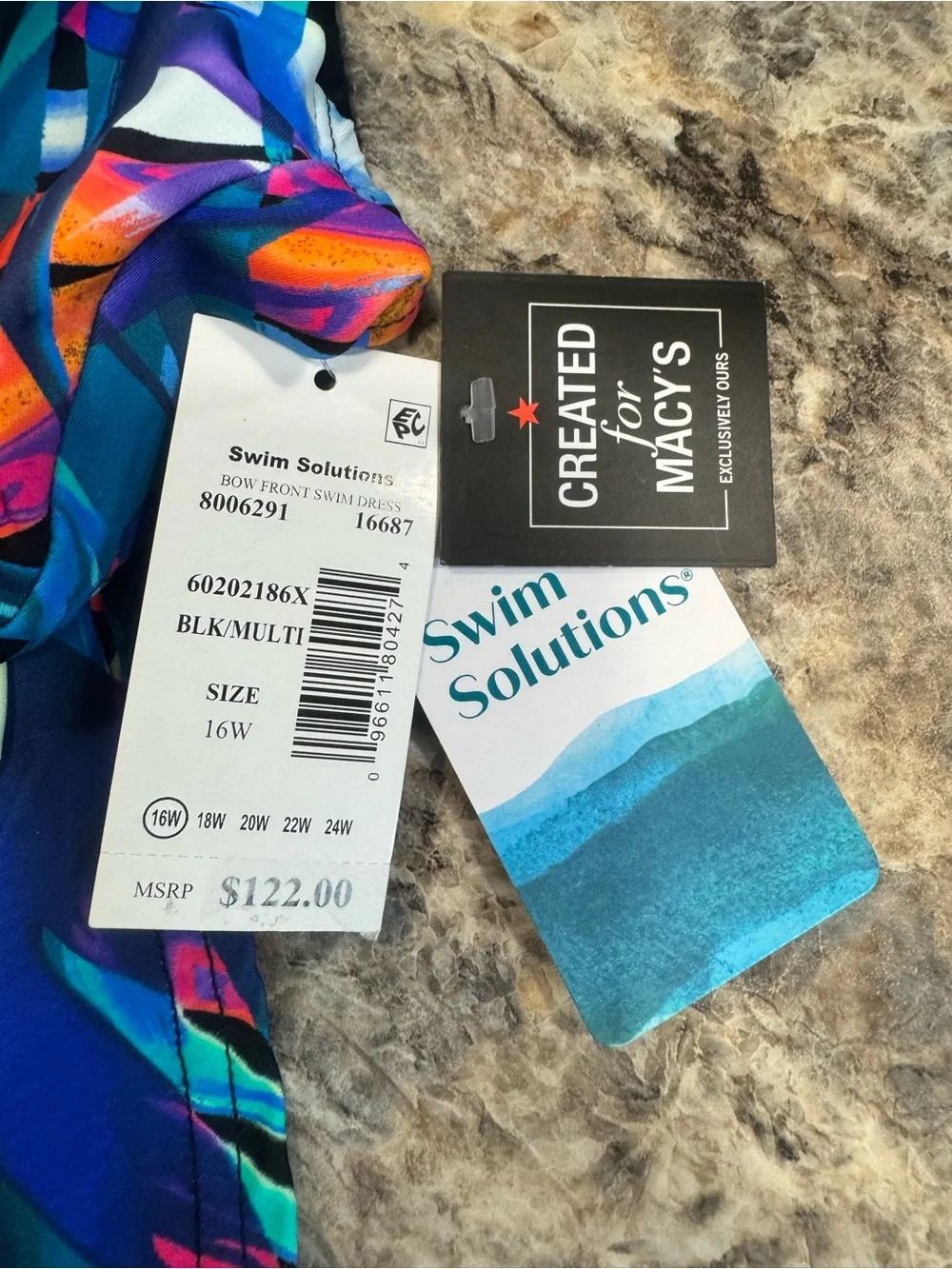 Swim Solutions Bow Front Multicolor Blue Tropical One-Piece Swimdress - Picture 6 of 6